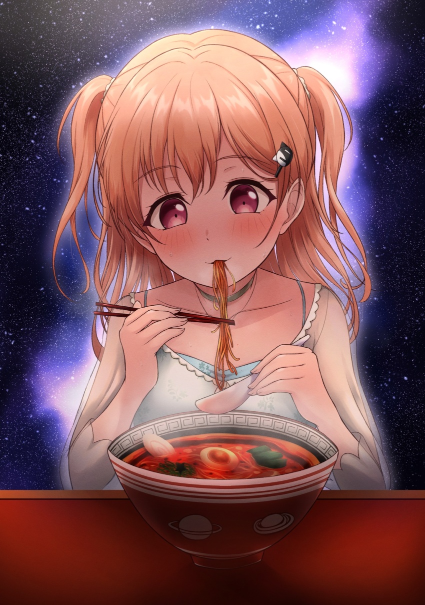 1girl artist_request bang_dream! blush brown_hair chopsticks cup_ramen eating food hair_ornament hairclip highres hiromachi_nanami long_hair noodles pink_eyes plate ramen solo star_(sky) table twintails