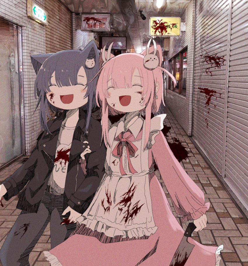 2girls animal_ears apron arrow_(symbol) ashi_izumo belt black_jacket black_pants blood blood_on_clothes blood_on_face blood_on_ground blood_on_hands bloody_knife blush cat_ears cat_hair_ornament closed_eyes collared_dress distortion dress ear_piercing earrings feet_out_of_frame film_grain fish_earrings frilled_apron frills hair_flaps hair_ornament hatching_(texture) highres holding jacket kitchen_knife knife left-handed locked_arms long_dress long_hair long_sleeves multiple_girls open_clothes open_jacket open_mouth original pants perspective photo_background piercing pink_dress pink_hair rabbit_hair_ornament raised_eyebrows shadow shirt shirt_tucked_in shutter_shades sidelocks sign smile tile_floor tiles walking white_apron white_shirt window yuri