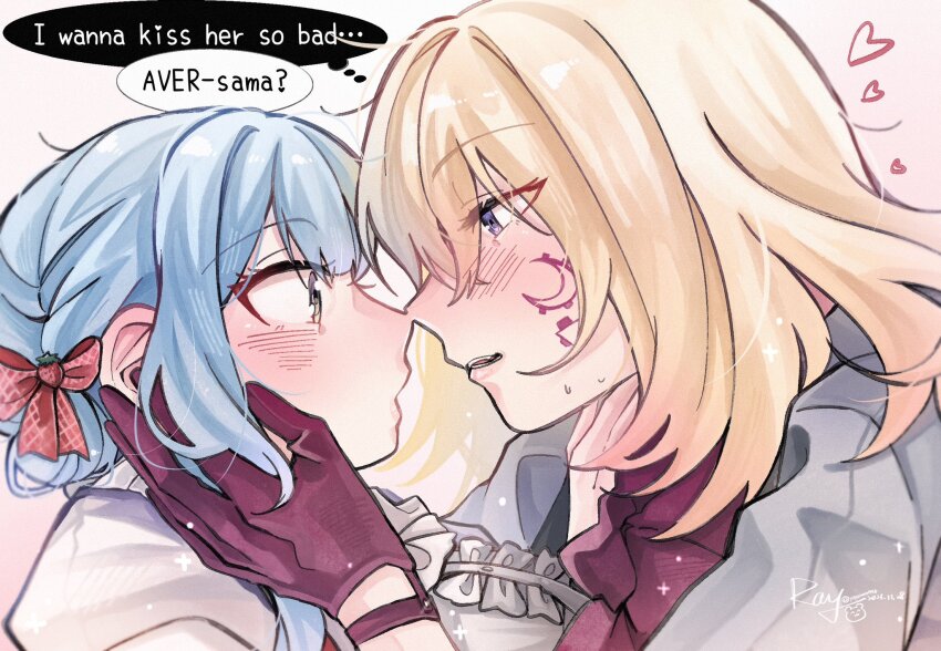 2girls aver_(yumenokessho) bang_dream! bang_dream!_it&#039;s_mygo!!!!! blonde_hair blue_hair blush bow center_frills chinese_commentary commentary_request doloris_(bang_dream!) english_text facial_mark food frills fruit gloves hair_between_eyes hair_bow highres imminent_kiss medium_hair misumi_uika multiple_girls open_mouth purple_eyes red_bow red_gloves short_hair_with_long_locks sidelocks strawberry sweets_paradise togawa_sakiko yellow_eyes yoyoray20001996 yumenokessho yuri