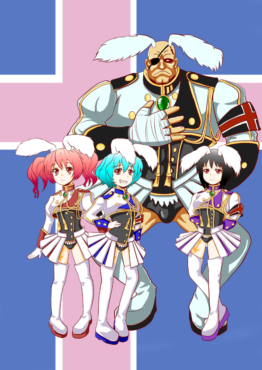 07th_expansion 1boy 3girls animal_ears aqua_hair armband bald black_hair boots bulge rabbit_ears capcom chiester00 chiester00_(cosplay) chiester410 chiester45 chiester556 chiester_sisters cosplay cropped_jacket crossdressing crossover epaulettes eyepatch grin hand_on_own_hip hi34 highres multiple_girls muscular no_naku_koro_ni_(series) odd_one_out panties pink_hair red_eyes red_hair sagat short_hair showgirl_skirt smile street_fighter tattoo thigh_boots thighhighs twintails umineko_no_naku_koro_ni underwear what