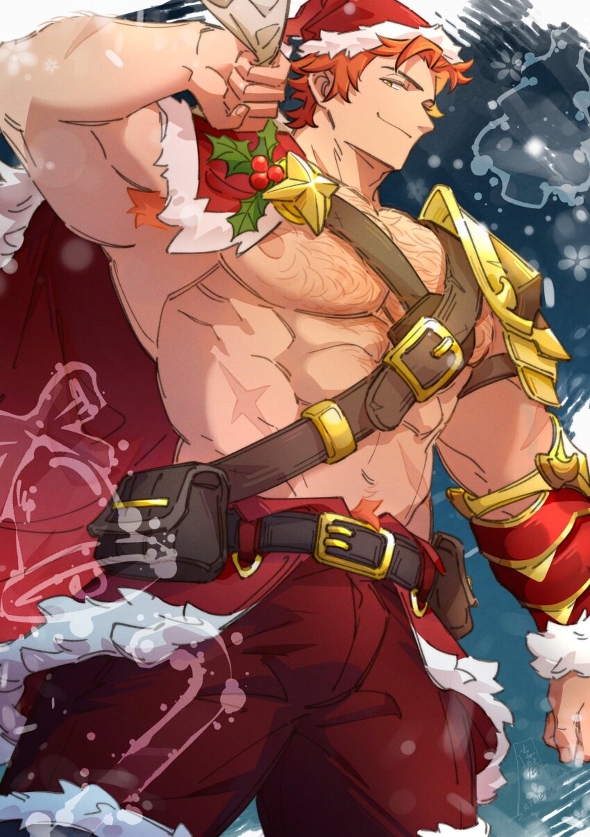 1boy abs absurdres bag bara bell belt cape chest_hair closed_mouth commentary cowboy_shot english_commentary fire_emblem fire_emblem:_three_houses fur-trimmed_cape fur_trim hat highres large_pectorals looking_at_viewer male_focus muscular muscular_male navel nintendo nipples orange_hair pants pectorals red_cape red_pants santa_hat satodee short_hair single_shoulder_pad smile solo sylvain_jose_gautier topless_male