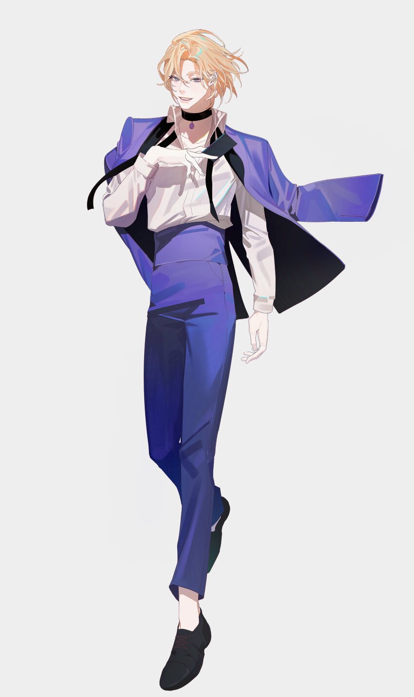 1boy absurdres black_collar black_shoes blonde_hair card collar full_body highres holding holding_card jacket jacket_on_shoulders k-pop long_sleeves male_focus medium_hair nakddidi noah_(plave) pants parted_bangs plave purple_jacket purple_pants shirt shirt_tucked_in shoes simple_background smile solo white_background white_shirt