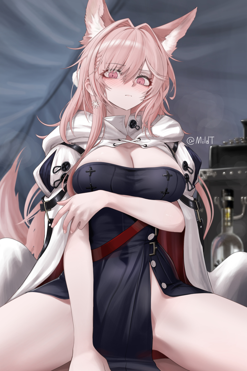 1girl absurdres animal_ears arknights artist_name black_dress blush breasts cleavage commentary dress hair_intakes highres large_breasts long_hair looking_at_viewer mildt pelvic_curtain pink_eyes pink_hair pozyomka_(arknights) shrug_(clothing) sitting solo strapless strapless_dress thighs twitter_username very_long_hair wolf_ears
