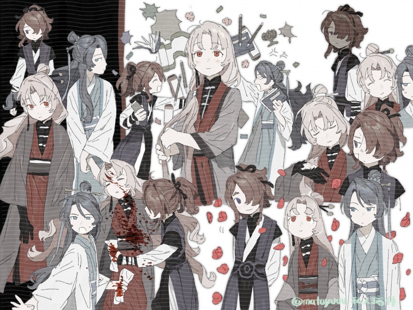 3girls black_hanfu bleeding blood blood_on_clothes blood_on_face blue_hanfu brown_hair chinese_clothes chinese_hairpin dying frown grey_hair hair_ornament hair_stick hanfu highres long_hair ma_fu mandarin_collar multiple_girls multiple_views original pink_hair purple_eyes red_eyes red_hanfu zhijupao