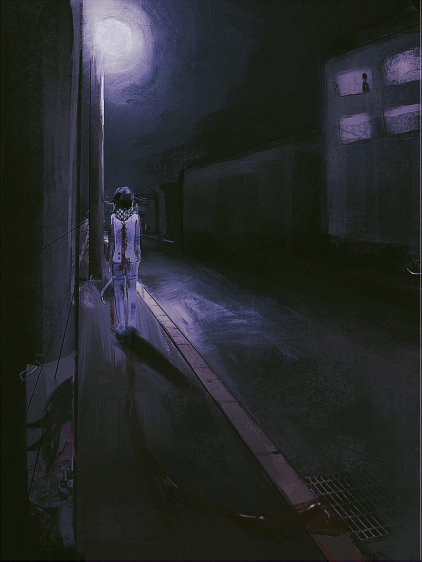 1boy absurdres blood blood_on_clothes blood_trail checkered_clothes checkered_scarf commentary_request cross-laced_jacket danganronpa_(series) danganronpa_v3:_killing_harmony drain_(object) flipped_hair from_behind highres horror_(theme) injury lamppost long_sleeves male_focus mochinomukou night oma_kokichi outdoors pants partial_commentary poster_(object) purple_hair scarf scenery short_hair sidewalk silhouette solo straitjacket thigh_strap two-tone_scarf walking window