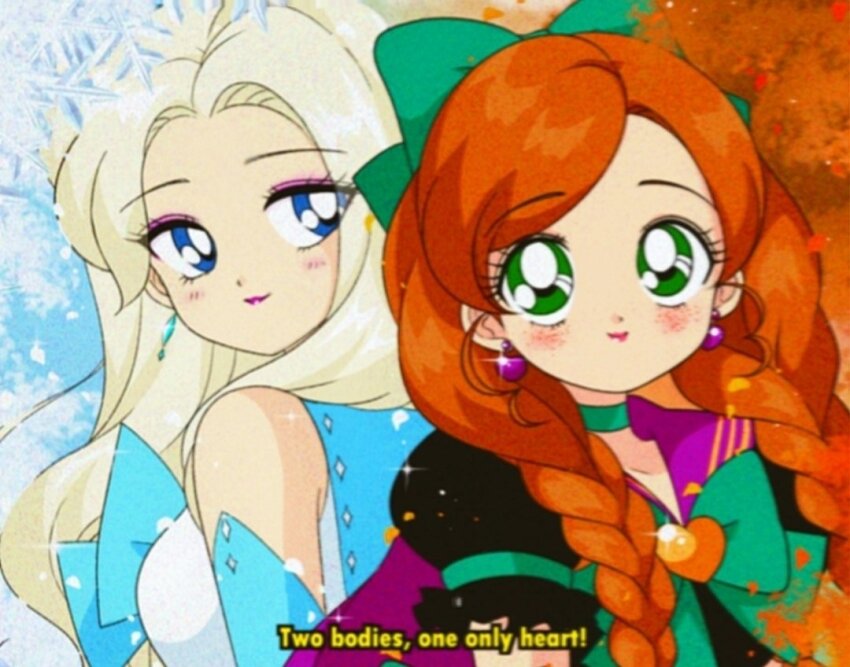 1990s_(style) 2girls adapted_costume animification anna_(frozen) autumn autumn_leaves back-to-back bad_id bad_twitter_id bishoujo_senshi_sailor_moon black_leotard blonde_hair blue_bow blue_bowtie blue_eyes blue_gloves blue_sailor_collar bow bowtie braid cape choker closed_mouth commentary diamond_earrings diamond_print dot_nose earrings elbow_gloves elsa_(frozen) english_commentary english_text eyelashes eyeshadow falling_leaves faux_retro_artstyle film_grain freckles frilled_sleeves frills frozen_(disney) frozen_ii_(disney) gleam gloves green_bow green_choker green_eyes hair_bow hair_over_shoulder heart heart_earrings honeymoonpetal jewelry leaf leotard light_blush light_particles lipstick long_hair looking_at_viewer looking_back magical_girl makeup multiple_girls orange_hair parody pink_eyeshadow pink_lips puffy_short_sleeves puffy_sleeves purple_cape purple_sailor_collar retro_artstyle sailor_collar short_sleeves siblings sisters sleeved_leotard smile snowflakes snowing sparkle style_parody swept_bangs tareme tree tsurime twin_braids upper_body very_long_hair white_leotard winter