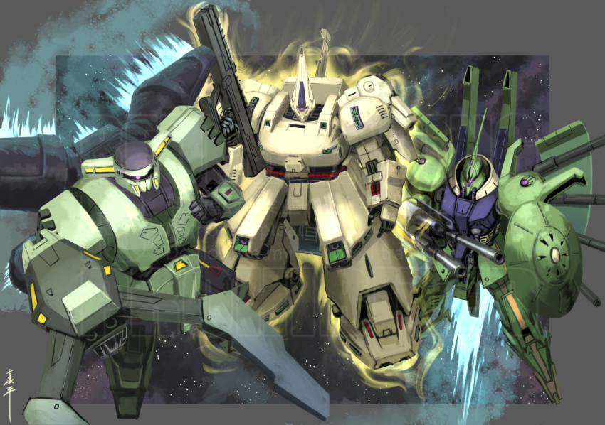 beam_cannon beam_rifle bolinoak_sammahn commentary_request energy_field energy_gun gundam machinery mecha mecha_focus mobile_suit nebula no_humans one-eyed palace_athene robot science_fiction shield shinpei_(shimpay) signature space star_(sky) the_o_(mobile_suit) thrusters titans_(gundam) weapon zeta_gundam zeta_gundam_define