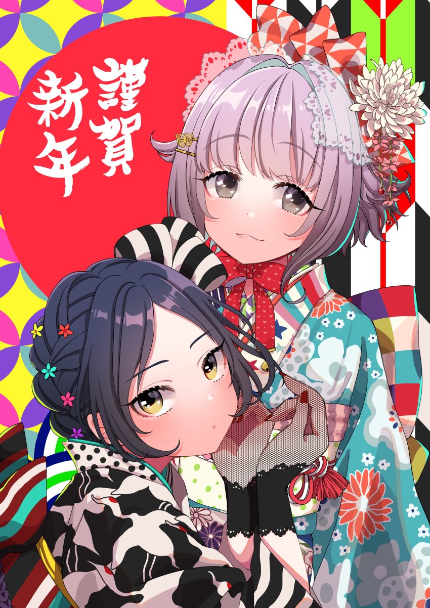 2girls :3 absurdres blue_hair bow bowtie braid brown_eyes butterfly_hair_ornament commentary_request flower gloves hair_flower hair_intakes hair_ornament hairclip hayami_kanade heart heart_pattern heart_print highres honeycomb_(pattern) idolmaster idolmaster_cinderella_girls japanese_clothes kimono koshimizu_sachiko lace lace_gloves long_sleeves looking_at_viewer madarame_(mdrm89) multiple_girls nail_polish new_year obi pink_hair red_nails sash short_hair wide_sleeves yellow_eyes