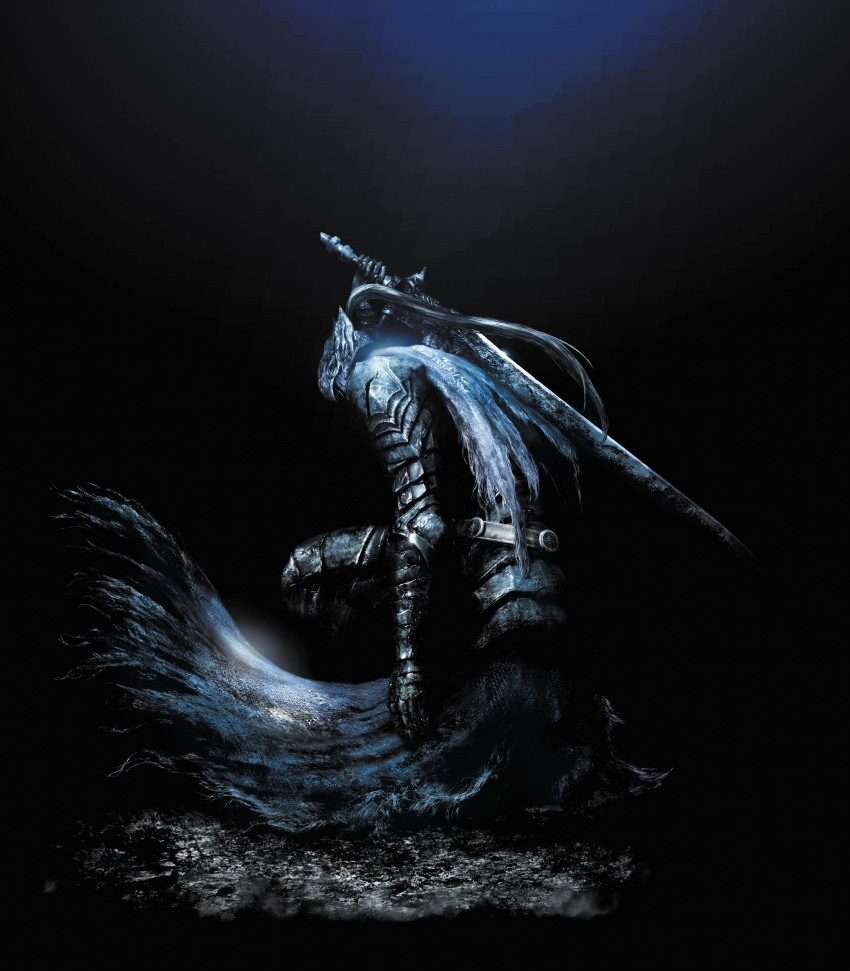 1boy absurdres arm_at_side armor artorias_the_abysswalker cape dark dark_souls_(series) dark_souls_i full_armor gauntlets greatsword helmet highres kneeling knight male_focus official_art over_shoulder solo sword torn_cape torn_clothes weapon