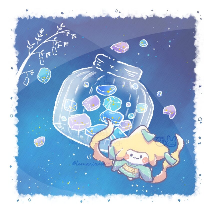 :3 bamboo blue_background blue_kimono border candy food full_body gen_3_pokemon glass_jar highres japanese_clothes jar jirachi kimono legendary_pokemon looking_at_viewer mythical_pokemon nintendo no_humans pokemon pokemon_(creature) pokemon_focus tanabata tanzaku temariame14 twitter_username white_border