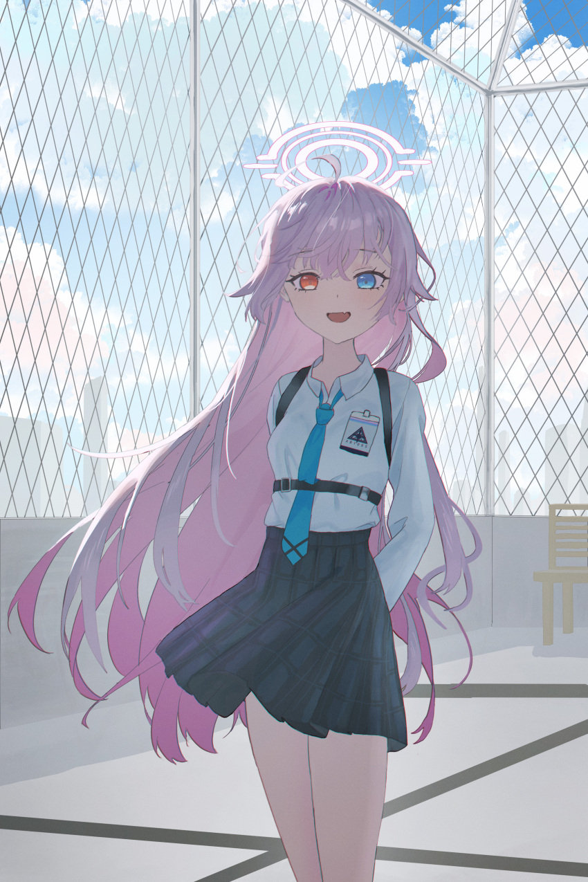 1girl absurdres ahoge arms_behind_back black_skirt blue_archive blue_eyes blue_necktie blue_sky breasts chest_harness cloud cloudy_sky collared_shirt commentary_request day feet_out_of_frame halo harness heterochromia highres hoshino_(blue_archive) long_hair looking_at_viewer necktie open_mouth outdoors pink_hair pink_halo pleated_skirt red_eyes shirt shirt_tucked_in skirt sky small_breasts smile solo standing white_shirt xin1