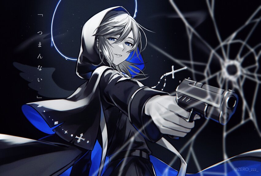 1boy absurdres aiming artist_name bead_necklace beads blue_cape blue_eyes blue_halo cape capelet cassock commentary_request crack cracked_screen cross cross_necklace go_(roku) greyscale gun hair_between_eyes hair_over_shoulder halo handgun highres holding holding_gun holding_weapon hood hood_up hooded_capelet jewelry kanae_(5th_costume)_(nijisanji) kanae_(nijisanji) long_hair long_sleeves looking_at_viewer looking_to_the_side male_focus mole mole_under_eye monochrome necklace nijisanji official_alternate_costume outstretched_arm parted_bangs parted_lips priest robe smile solo spot_color standing stole translation_request twitter_username two-sided_cape two-sided_fabric virtual_youtuber weapon