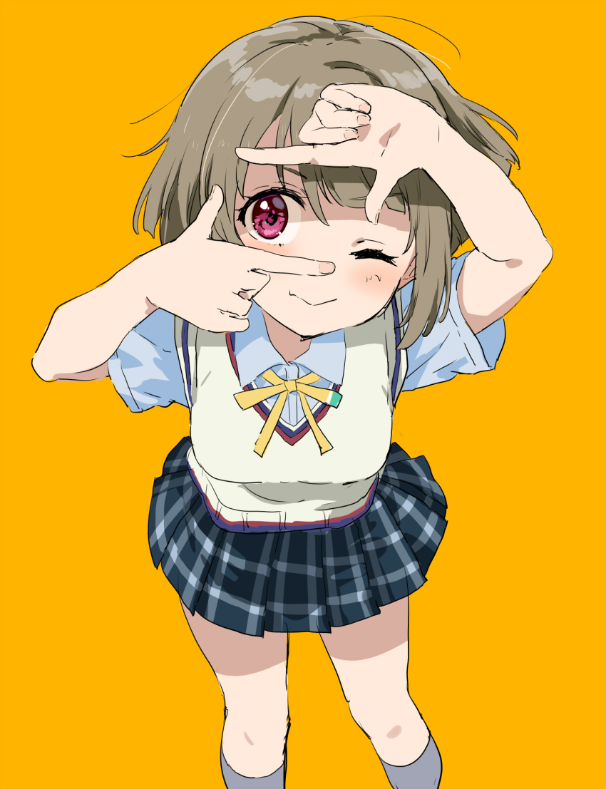 1girl black_skirt blue_shirt blush bob_cut brown_hair closed_mouth collared_shirt commentary finger_frame highres kurokawa_makoto looking_at_viewer love_live! love_live!_nijigasaki_high_school_idol_club nakasu_kasumi neck_ribbon nijigasaki_school_uniform one_eye_closed plaid_clothes plaid_skirt pleated_skirt red_eyes ribbon school_uniform shirt short_hair short_sleeves simple_background skirt smile solo summer_uniform sweater_vest yellow_background yellow_sweater_vest