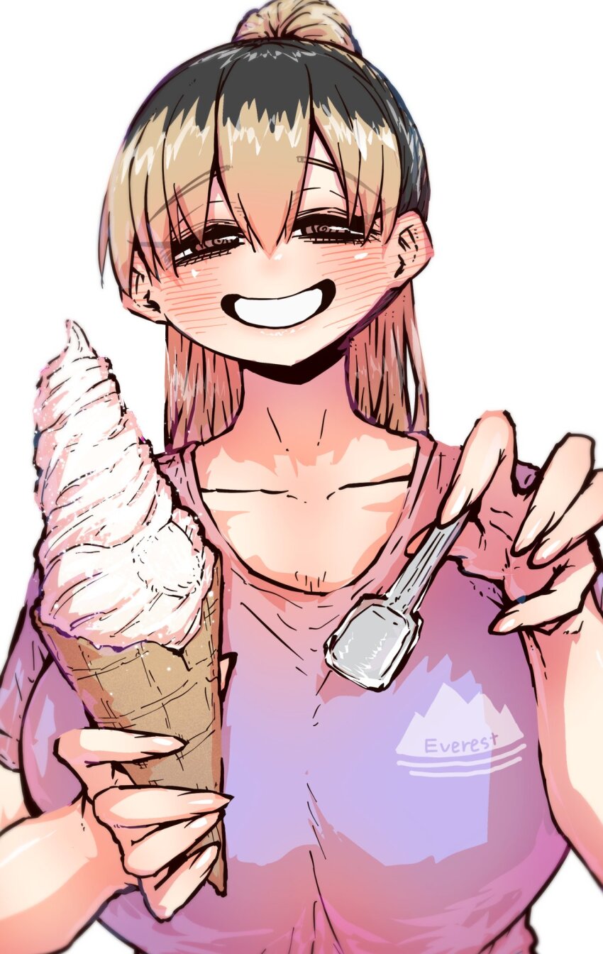 1girl @_@ black_hair blonde_hair blush breasts food highres holding holding_food holding_ice_cream holding_ice_cream_cone holding_spoon huge_breasts ice_cream ice_cream_cone kinjo_no_hito_no_nakimushi large_breasts long_hair looking_at_viewer multicolored_hair ochiai_(kinjo_no_hito_no_nakimushi) pink_shirt roots_(hair) shirt smile soft_serve solo spoon two-tone_hair white_background zyugoya