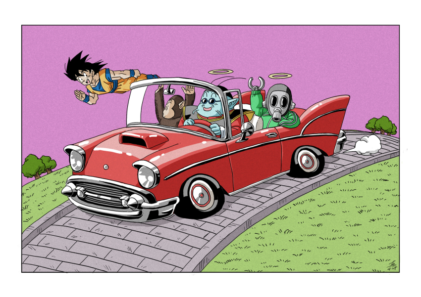 4boys blue_shirt blue_skin bubbles_(dragon_ball) car colored_skin commentary_request dougi dragon_ball dragonball_z driving flying forest_1988 gas_mask green_jacket halo jacket mask monkey multiple_boys north_kaiou orange_pants orange_shirt pants pink_sky pointy_ears red_car robot shirt sky son_goku spiked_hair sunglasses toriyama_akira_(character) waving yellow_halo