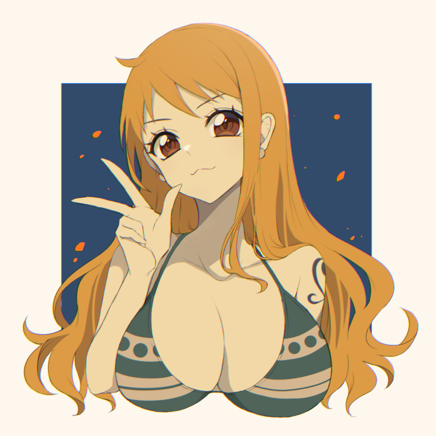 1girl :3 bare_shoulders bikini breasts brown_hair cleavage closed_mouth collarbone commentary_request crazy_otama cropped_torso earrings green_bikini hair_behind_ear hand_up highres jewelry large_breasts long_hair looking_at_viewer milestone_celebration nami_(one_piece) one_piece orange_hair outside_border pearl_earrings shoulder_tattoo single_sidelock smile solo swimsuit tattoo upper_body v wavy_hair