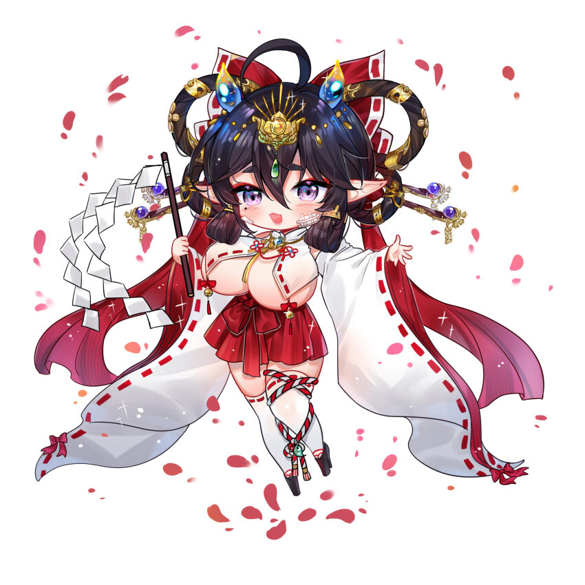 1girl bandage_on_cheek bell black_hair breast_curtains breasts chibi chibi_only chinese_commentary detached_sleeves falling_petals full_body geta hair_ornament hair_rings hair_stick haitai_(haitai_umita) haitai_umita headdress highres indie_virtual_youtuber large_breasts long_sleeves nontraditional_miko petals purple_eyes red_ribbon red_skirt ribbon skirt solo standing stirrup_legwear thick_thighs thighhighs thighs toeless_legwear virtual_youtuber wide_sleeves