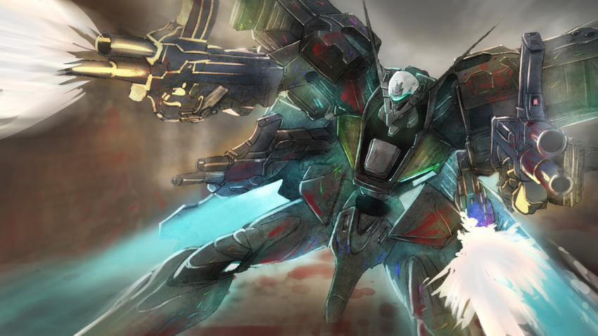 assault_visor blood dual_wielding firing gun holding holding_gun holding_weapon makitekka mecha mecha_focus motion_blur muv-luv muv-luv_alternative no_humans robot solo tactical_surface_fighter type_94_shiranui weapon