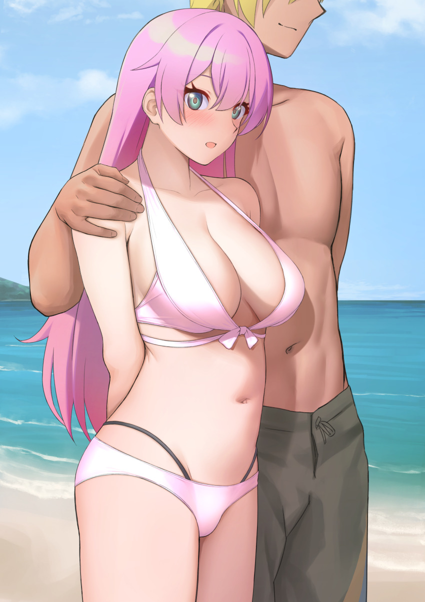 1boy 1girl :d absurdres bare_arms bare_shoulders bikini blush brown_male_swimwear closed_mouth collarbone commission cowboy_shot fuufu_ijou_koibito_miman. hair_between_eyes highres long_hair male_swimwear navel netorare ocean open_mouth oxxo_(dlengur) pink_hair pixiv_commission short_hair smile stomach swimsuit watanabe_akari white_bikini