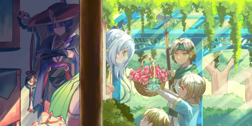 2girls 3boys against_wall anklet aqua_eyes armor arms_up basket black_bodysuit black_hair black_hat black_kimono black_shorts black_sleeves bloomers blunt_ends bodysuit braid bright_pupils brown_hair bush cape caramelo_game closed_mouth cross-shaped_pupils crossed_arms crown_braid double_bun dress eyelashes eyeliner eyeshadow facing_another flower furisode genshin_impact giving glowing glowing_eyes gold gold_trim green_cape green_eyes green_headband green_pupils green_sash green_scarf green_shirt grey_veil hair_bun halberd hat headband highres holding holding_basket holding_polearm holding_weapon japanese_armor japanese_clothes jewelry jingasa juban kimono kote kurokote layered_sleeves leaning_forward leaning_out_of_window looking_at_another looking_outside makeup mandarin_collar mitsudomoe_(shape) multiple_boys multiple_girls nahida_(genshin_impact) neck_ring o-ring open_mouth outstretched_arms picture_frame pillar pink_flower plant pointy_ears polearm purple_eyes purple_rope purple_sash purple_sleeves red_eyeliner red_eyeshadow red_hat red_kimono red_sash rope sash scaramouche_(genshin_impact) scarf shimenawa shirt short_sleeves shorts single_sode stirrup_footwear symbol-shaped_pupils table tareme tomoe_(symbol) tree tsurime two-tone_hat underwear veil very_low_bun weapon white_bloomers white_dress white_kimono white_pupils white_rope white_shirt wispy_bangs