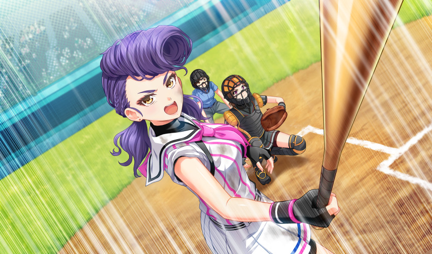 3girls baseball baseball_bat baseball_glove baseball_stadium baseball_uniform belt belt_buckle bike_shorts_under_skirt black_belt black_gloves black_shorts black_skirt black_undershirt blue_shirt buckle catcher&#039;s_mask catcher_(baseball) chest_protector cinderella_series dutch_angle ear_piercing fingerless_gloves game_cg gloves grey_pants hachigatsu_no_cinderella_nine highres holding holding_baseball_bat izumida_kyouka long_hair looking_ahead low_twintails metal_baseball_bat multiple_girls neckerchief non-web_source official_art open_mouth orange_eyes outdoors pants piercing pink_neckerchief playing_sports pleated_skirt pompadour purple_hair red_shorts satogahama_baseball_uniform shin_guards shirt shirt_under_shirt short_sleeves shorts skirt sportswear squatting standing striped_belt striped_clothes striped_shirt teeth twintails umpire upper_teeth_only vertical-striped_clothes vertical-striped_shirt wristband