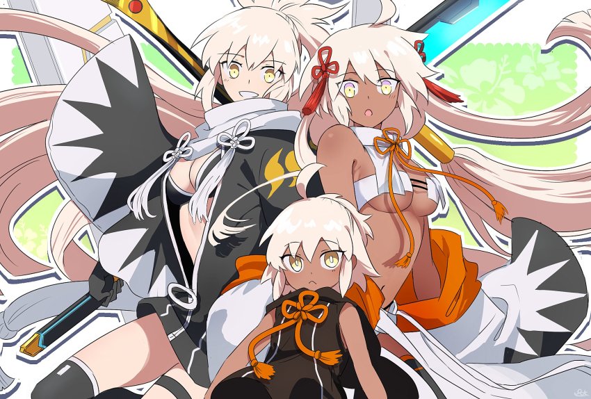 3girls ahoge bikini bikini_top_only black_bikini black_gloves black_kimono black_legwear blonde_hair blush breasts cleavage closed_mouth commentary dark-skinned_female dark_skin fate/grand_order fate_(series) gloves hair_between_eyes hair_ornament hair_tubes haori high_ponytail highres holding holding_sword holding_weapon hood hood_down hoodie japanese_clothes katana kimono long_hair looking_at_viewer medium_breasts multiple_girls navel off_shoulder okita_j._souji_(fate) okita_j._souji_(second_ascension)_(fate) okita_souji_(fate) okita_souji_(koha-ace) okita_souji_alter_(swimsuit_saber)_(fate) okita_souji_alter_(swimsuit_saber)_(second_ascension)_(fate) open_mouth orange_neckwear pirohi_(pirohi214) ponytail rengoku_(fate) rengoku_(first_ascension)_(fate) scarf shinsengumi sidelocks size_difference sleeveless smile straight_hair swimsuit sword symbol-only_commentary tassel teeth thighhighs very_long_hair weapon white_bikini white_hair white_kimono white_scarf wide_sleeves yellow_eyes