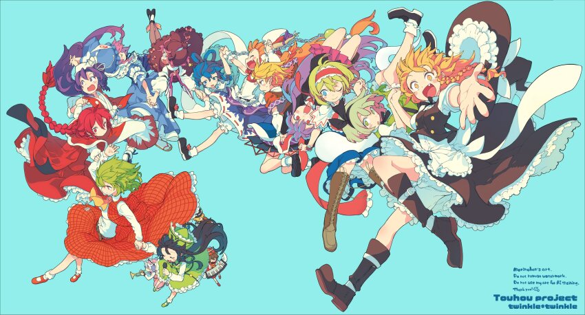 6+girls :d ;) alice_margatroid animal_ears apron arm_warmers black_boots black_hairband black_hat black_shoes black_skirt black_vest blonde_hair bloomers blue_background blue_dress blue_eyes blue_hat blue_kimono blue_skirt blush_stickers boots bow braid brown_boots brown_dress brown_hat brown_horns capelet chain closed_eyes closed_mouth commentary copyright_name dress fang frilled_apron frilled_dress frilled_skirt frills full_body green_eyes green_hair green_skirt hair_ornament hair_rings hair_stick hairband hat hat_bow highres holding holding_hands holding_microphone horn_ornament horn_ribbon horns ibuki_suika instrument japanese_clothes kaku_seiga kazami_yuuka keyboard_(instrument) kimono kirisame_marisa konpaku_youmu layla_prismriver long_hair long_sleeves lunasa_prismriver lyrica_prismriver meira_(touhou) merlin_prismriver microphone mizuhashi_parsee mob_cap morino_hon multiple_girls mystia_lorelei okazaki_yumemi one_eye_closed open_mouth outstretched_arm pink_hair pink_skirt plaid_clothes plaid_skirt plaid_vest pleated_skirt purple_eyes purple_hair purple_ribbon rabbit_ears red_eyes red_hair red_shoes red_skirt red_vest reisen_udongein_inaba ribbon saigyouji_yuyuko sandals shirt shoes short_hair short_sleeves simple_background single_braid skirt skirt_set sleeve_garter sleeveless sleeveless_shirt smile socks symbol-only_commentary tabi teeth touhou touhou_(pc-98) triangular_headpiece trumpet underwear upper_teeth_only vest waist_apron watermark white_apron white_bloomers white_bow white_capelet white_shirt white_socks winged_hat witch_hat yellow_eyes