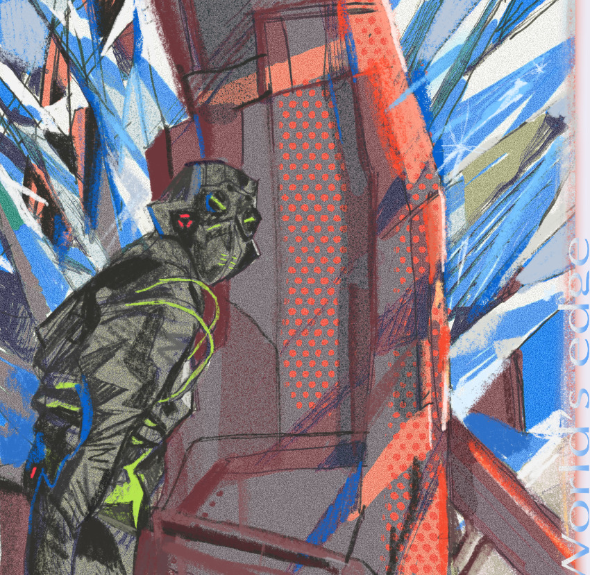 1boy apex_legends biohazard_octane black_jacket cable from_side goggles helmet highres ice in-universe_location jacket leaning_forward looking_ahead male_focus mitus octane_(apex_legends) official_alternate_costume solo traditional_media world&#039;s_edge