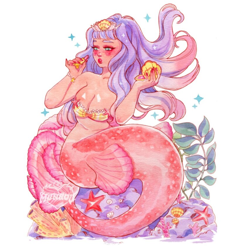 1girl aqua_eyes bikini breasts cleavage commentary cosmetics gradient_background headpiece holding holding_lipstick_tube holding_mirror lipstick_tube long_hair medium_breasts mermaid mirror monster_girl munrou original pink_hair purple_hair solo sparkle starfish strapless strapless_bikini swimsuit symbol-only_commentary watermark
