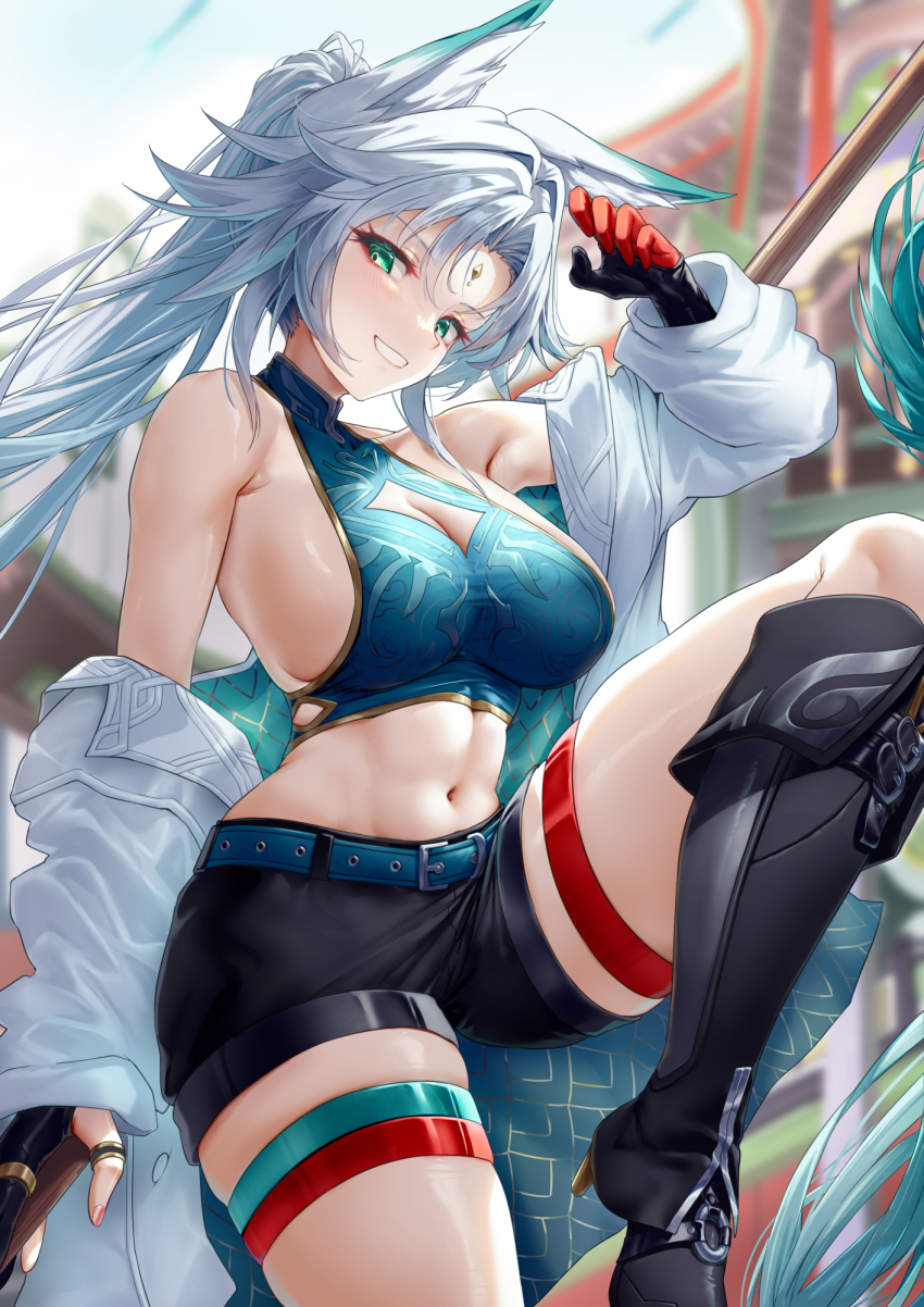 1girl animal_ears armpit_crease bare_shoulders black_boots black_gloves black_shorts blue_shirt blurry blurry_background boots breasts cleavage cleavage_cutout clothing_cutout commentary cowboy_shot crop_top cropped_shirt feixiao_(honkai:_star_rail) forehead_jewel fox_ears fox_girl gloves green_eyes green_hair grin hand_up highres holding honkai:_star_rail honkai_(series) knee_boots large_breasts leg_up long_hair looking_at_viewer midriff navel outdoors parted_bangs shirt shorts sideboob skindentation sleeveless sleeveless_shirt smile solo stomach thigh_strap thighs very_long_hair white_hair xfate