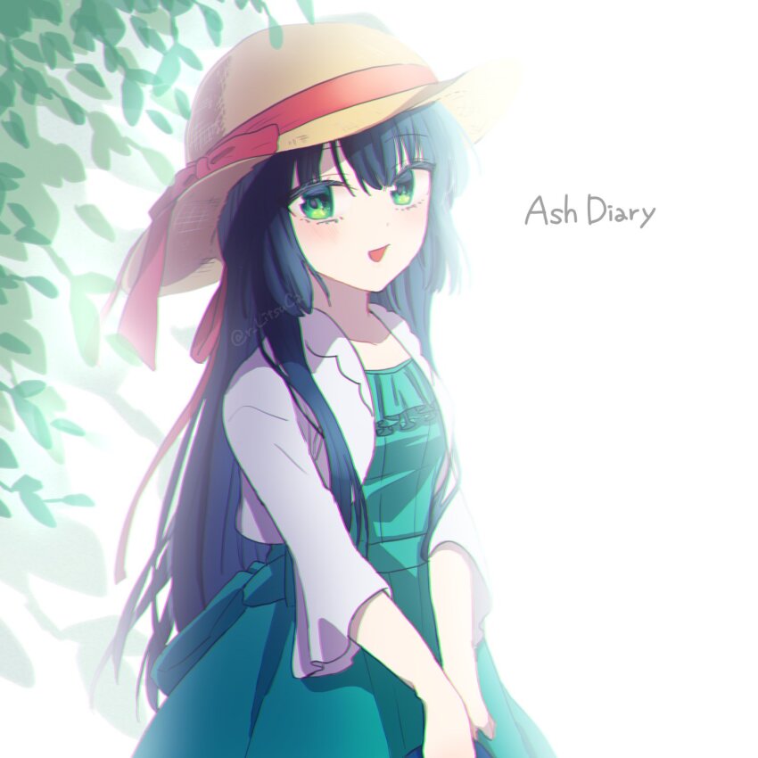 :d blue_hair cowboy_shot dress galaxy_angel green_dress green_eyes hair_between_eyes hat highres karasuma_chitose leaf long_hair looking_at_viewer open_mouth ritsu_(r_litsuca) smile sun_hat white_background