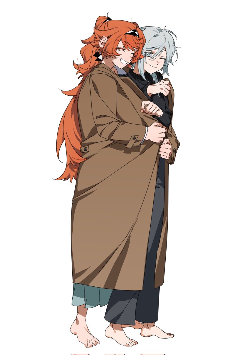2girls barefoot black_pants black_shirt bright_pupils brown_coat checkered_hairband closed_eyes closed_mouth coat commentary corrupted_twitter_file freckles grey_eyes grey_hair hairband highres hug hug_from_behind long_hair long_sleeves molu_stranger multiple_girls one_eye_closed orange_hair pants reverse:1999 shared_clothes shared_coat shirt simple_background smile sonetto_(reverse:1999) toes two_side_up vertin_(reverse:1999) white_background white_pupils yuri