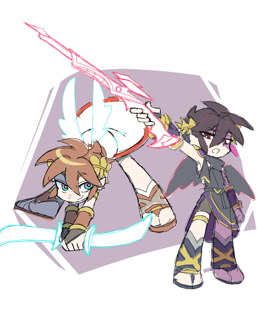 2boys angel angel_wings black_hair black_wings blue_eyes brown_hair dancho_no_mori dark_pit dark_pit_staff_(kid_icarus) highres jewelry kid_icarus kid_icarus_uprising laurel_crown looking_at_viewer male_focus multiple_boys nintendo open_mouth palutena_bow_(kid_icarus) panty_&amp;_stocking_with_garterbelt panty_&amp;_stocking_with_garterbelt_(style) parody pit_(kid_icarus) red_eyes siblings sketch style_parody thighlet twins wings