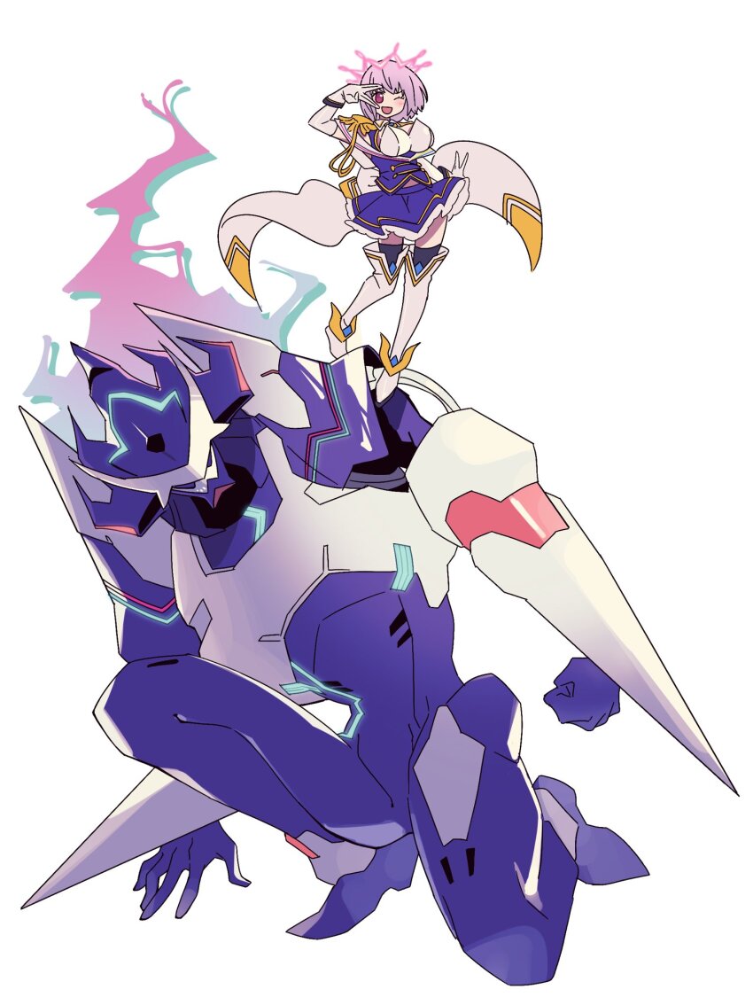 1girl alexis_kerib alexis_kerib_(new_order) armor boots breasts cleavage epaulettes fire frilled_skirt frills gloves gridman_universe gridman_universe_(movie) highres large_breasts looking_at_viewer one_eye_closed purple_hair purple_skirt red_eyes shinjou_akane shinjou_akane_(new_order) shirt short_hair skirt smile sukoshi_semashi thighhighs white_footwear white_gloves