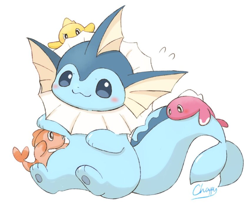 blue_eyes blush bright_pupils closed_mouth fins forked_tail gen_1_pokemon head_fins mimix nintendo no_humans pokemon pokemon_(creature) sitting smile tail tatsugiri tatsugiri_(curly) tatsugiri_(droopy) tatsugiri_(stretchy) vaporeon white_pupils