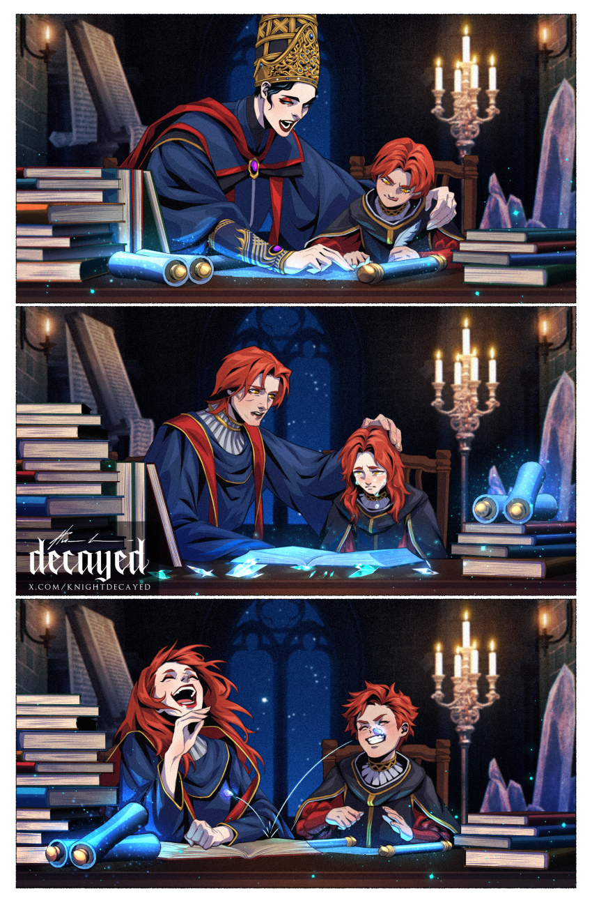 2girls absurdres black_hair blue_robe brother_and_sister brothers conical_hat elden_ring eyeshadow hat highres indoors jewelry knightdecayed laughing long_hair lunar_princess_ranni makeup mother_and_son multiple_girls praetor_rykard ranni_the_witch red_eyes rennala_queen_of_the_full_moon robe siblings starscourge_radahn tall_hat wizard_hat