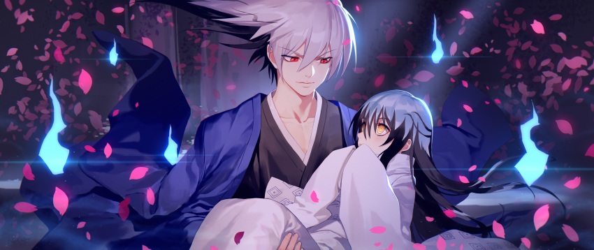1boy 1girl absurdres black_hair highres japanese_clothes kimono long_hair looking_at_another multicolored_hair nura_rikuo nurarihyon_no_mago red_eyes rekaerb_maerd smile white_hair yellow_eyes yuki_onna_(nurarihyon_no_mago)
