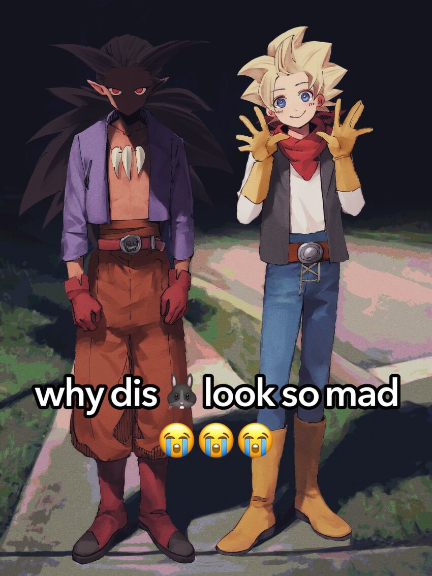 2boys belt belt_buckle black_vest blonde_hair blue_eyes blue_pants boots brown_belt brown_hair buckle commentary_request dark-skinned_male dark_skin dragon_quest dragon_quest_builders_2 film_grain full_body gloves grass hair_horns high-waist_pants highres jewelry low_ponytail male_builder_(dqb2) male_focus meme multiple_boys nashi_kashi neckerchief necklace night open_clothes open_shirt orange_pants pants pointy_ears ponytail purple_shirt red_belt red_boots red_eyes red_gloves red_neckerchief road shaded_face shirt short_hair sidewalk sidoh_(dqb2) skull_belt smile spiked_hair street tooth_necklace vest white_shirt why_dis_ninja_look_so_mad_(meme) yellow_boots yellow_gloves