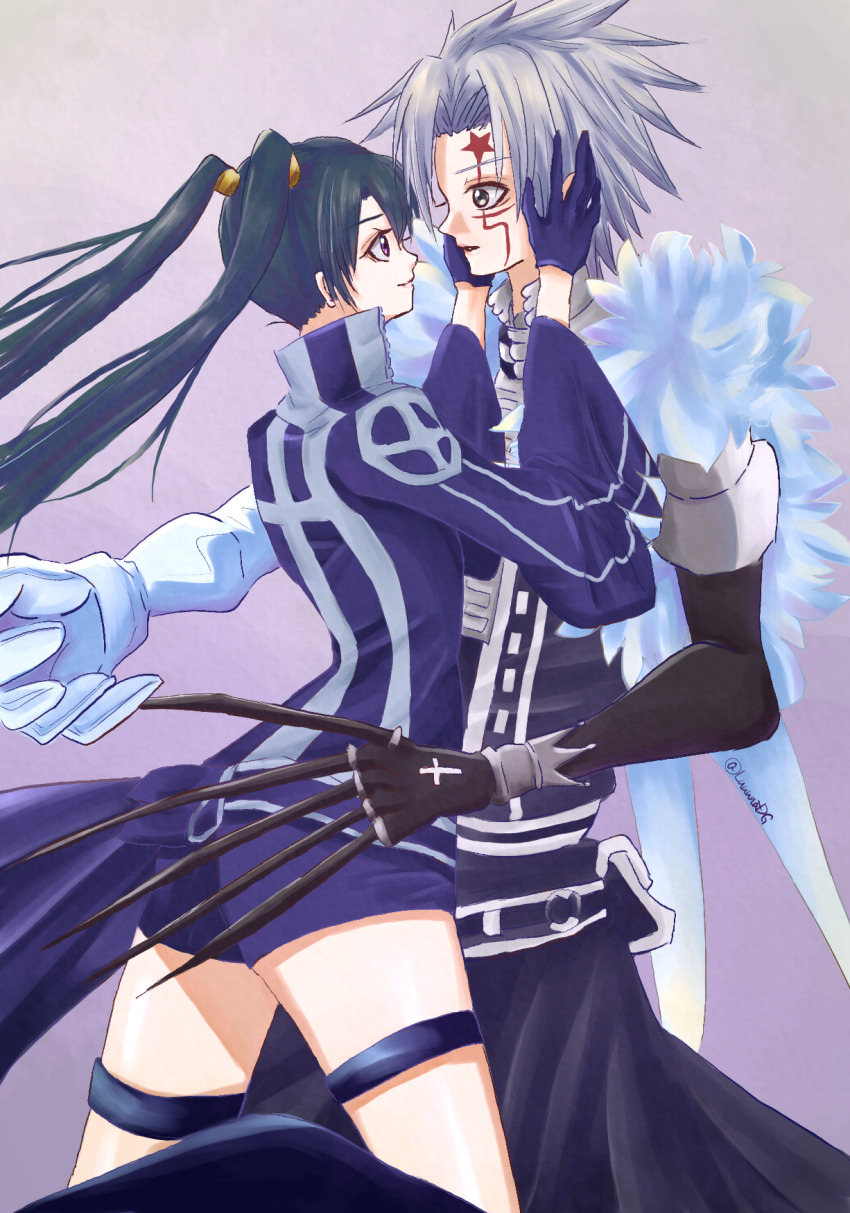 1boy 1girl allen_walker black_claws black_footwear black_gloves black_jacket black_order_uniform black_shorts black_skirt boots cape claws couple d.gray-man eye_contact fur_cape giant_hand gloves green_hair grey_eyes hair_ornament hairclip hand_on_another&#039;s_face highres jacket lenalee_lee long_hair looking_at_another luuunadg miniskirt purple_eyes shorts skirt spiked_hair thigh_strap thighs twintails white_cape white_gloves white_hair
