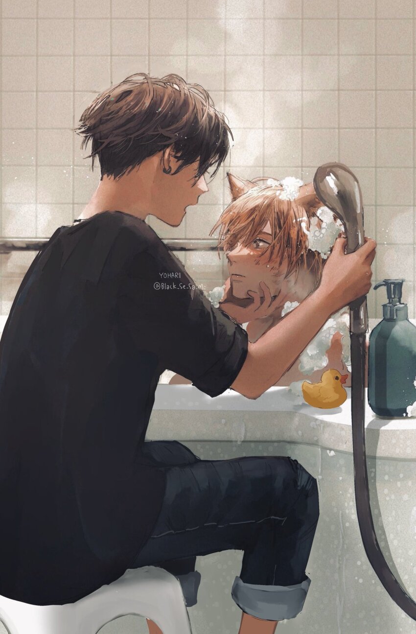 2boys animal_ears bathtub black_se_sa_mi black_shirt cat_boy cat_ears closed_mouth denim ear_piercing feet_out_of_frame foam hand_on_another&#039;s_chin highres jeans male_focus multiple_boys orange_hair original pants piercing rubber_duck shirt short_hair short_sleeves showering sitting soap_dispenser tile_wall tiles