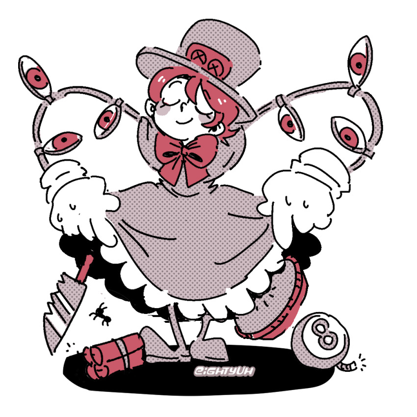 1girl ant blush_stickers bomb bug closed_eyes clothes_lift dress dress_lift dynamite eightyuh explosive food frilled_dress frills full_body gloves hat insect knife monochrome peacock_(skullgirls) pie red_hair skullgirls smile solo standing top_hat
