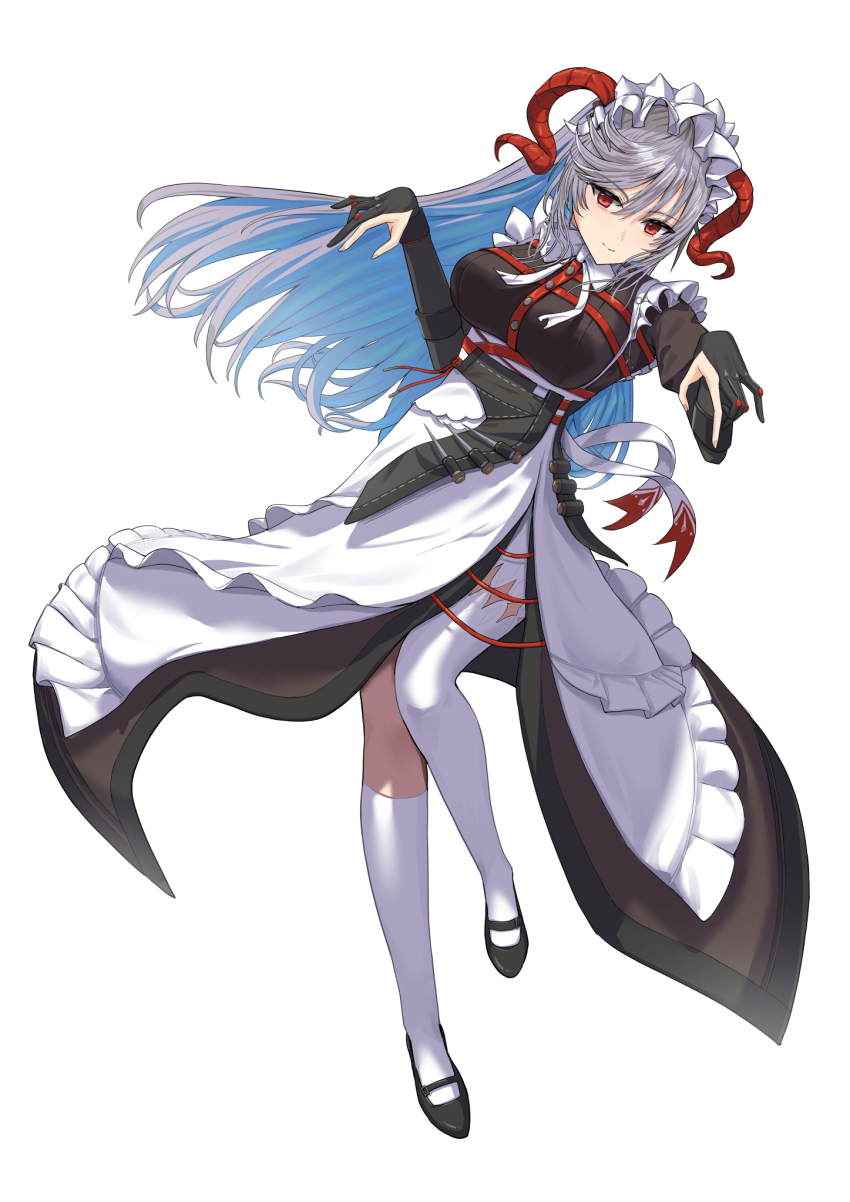 1girl black_dress blue_hair breasts closed_mouth colored_inner_hair commentary_request commission dress fire_emblem fire_emblem_heroes freyja_(fire_emblem) full_body goat_girl goat_horns grey_hair highres horns large_breasts layered_dress long_hair maid multicolored_hair nintendo pixiv_commission red_eyes simple_background socks solo two-tone_hair unconventional_maid white_background white_dress white_headdress white_socks yatsuka_mirin
