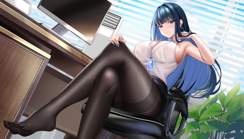 1girl black_hair blue_archive blue_eyes breasts chair crossed_legs desk feet hand_on_own_knee jinpaitugounan lanyard large_breasts light_blush long_hair looking_at_viewer miniskirt office_chair office_lady pantyhose saori_(blue_archive) sitting skirt sleeveless swivel_chair toes