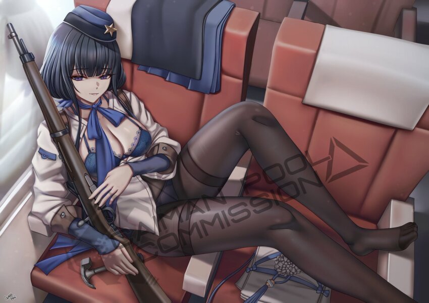 1girl black_hair black_pantyhose breasts caiman_pool chair closed_mouth commission dress girls&#039;_frontline gun hair_ornament hat holding holding_gun holding_weapon indoors long_hair multiple_girls on_chair pantyhose rifle sitting sitting_sideways smile solo thighband_pantyhose type_81_carbine type_81_carbine_(girls&#039;_frontline) watermark weapon