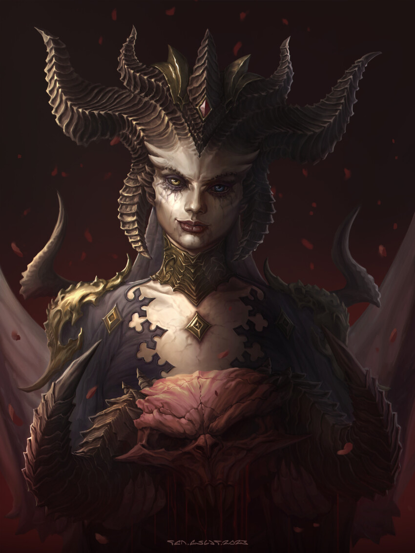 1girl absurdres black_dress black_lips breasts cleavage demon_girl demon_horns demon_wings diablo_(series) dress fingernails heterochromia highres horns lilith_(diablo) looking_at_viewer medium_breasts ren_escar sharp_fingernails solo wings