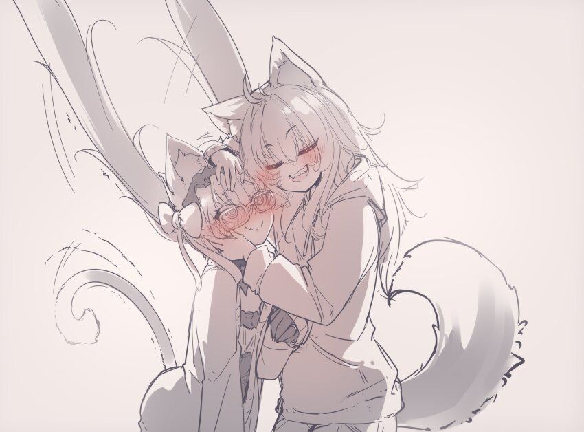 1boy 1girl @_@ absurdres ahoge animal_collar animal_ear_fluff animal_ears blush bow cat_ears closed_eyes closed_mouth collar commentary_request couple curled_tail drawstring flinch frilled_hairband frills frown glasses greyscale grin hair_between_eyes hair_bow hair_raising hairband hand_up happy head_hug highres hood hoodie indie_virtual_youtuber jacket jewelry kana616 kana_(kana616) long_hair monochrome motion_lines nose_blush original ring sharp_teeth smile spanish_commentary spot_color surprised tail tail_raised teeth twintails virtual_youtuber wavy_mouth yumi_koburako