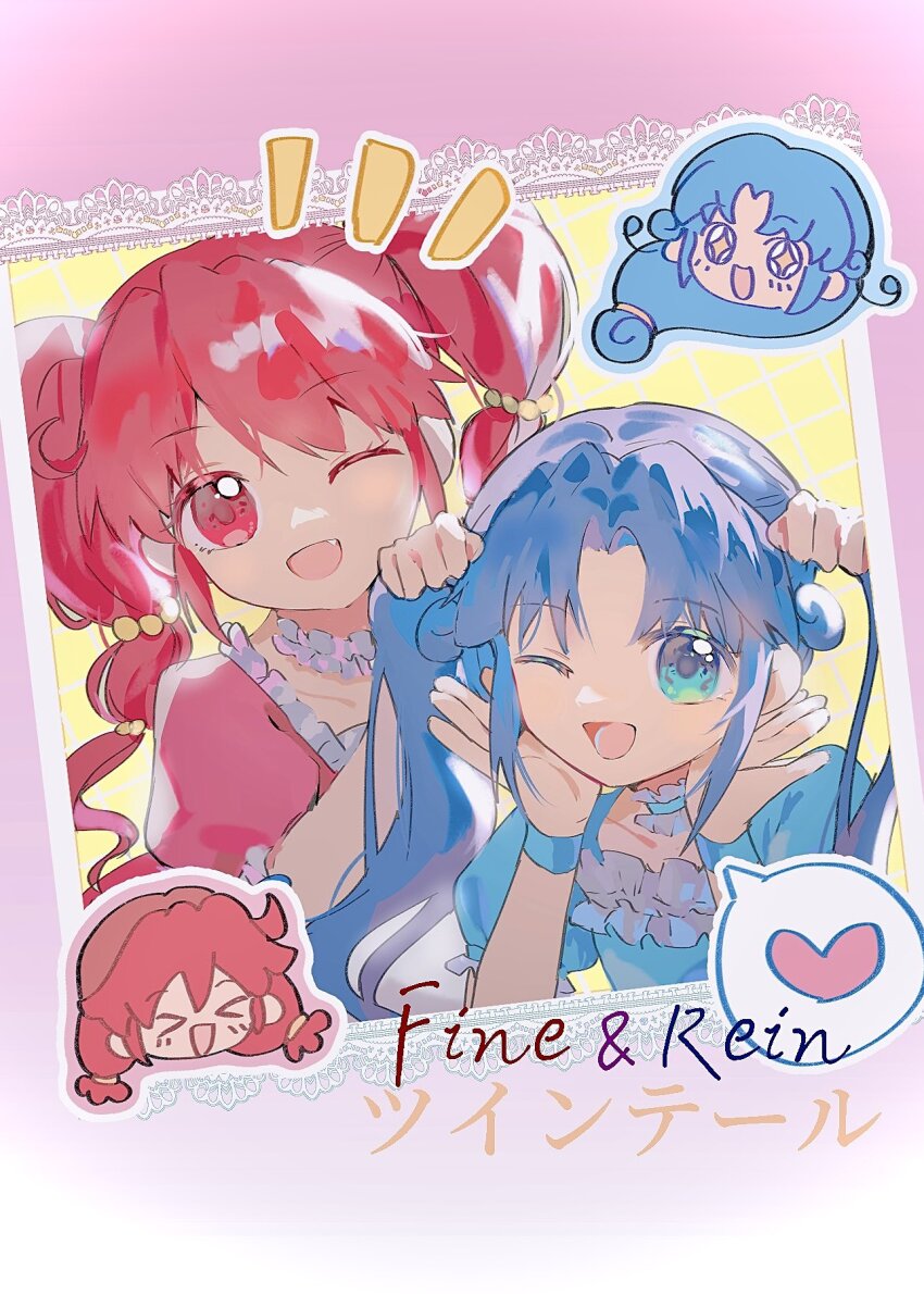 &gt;_&lt; +_+ 2girls adjusting_another&#039;s_hair baomao_116 blue_choker blue_hair blue_shirt casual character_name child choker collarbone colored_eyelashes curly_hair eyelashes fang fine_(futagohime) frilled_choker frilled_shirt frills fushigiboshi_no_futago_hime hair_bobbles hair_ornament hands_on_own_cheeks hands_on_own_face happy head_only heart highres holding_another&#039;s_hair long_hair low-tied_long_hair low_twintails lower_teeth_only multi-tied_hair multiple_girls multiple_views notice_lines open_mouth parted_bangs photo_(object) pink_background pink_eyes pink_hair pink_shirt puffy_short_sleeves puffy_sleeves rein_(futagohime) shirt short_sleeves siblings sisters smile sparkling_eyes spoken_heart teeth twintails upper_body very_long_hair wristband