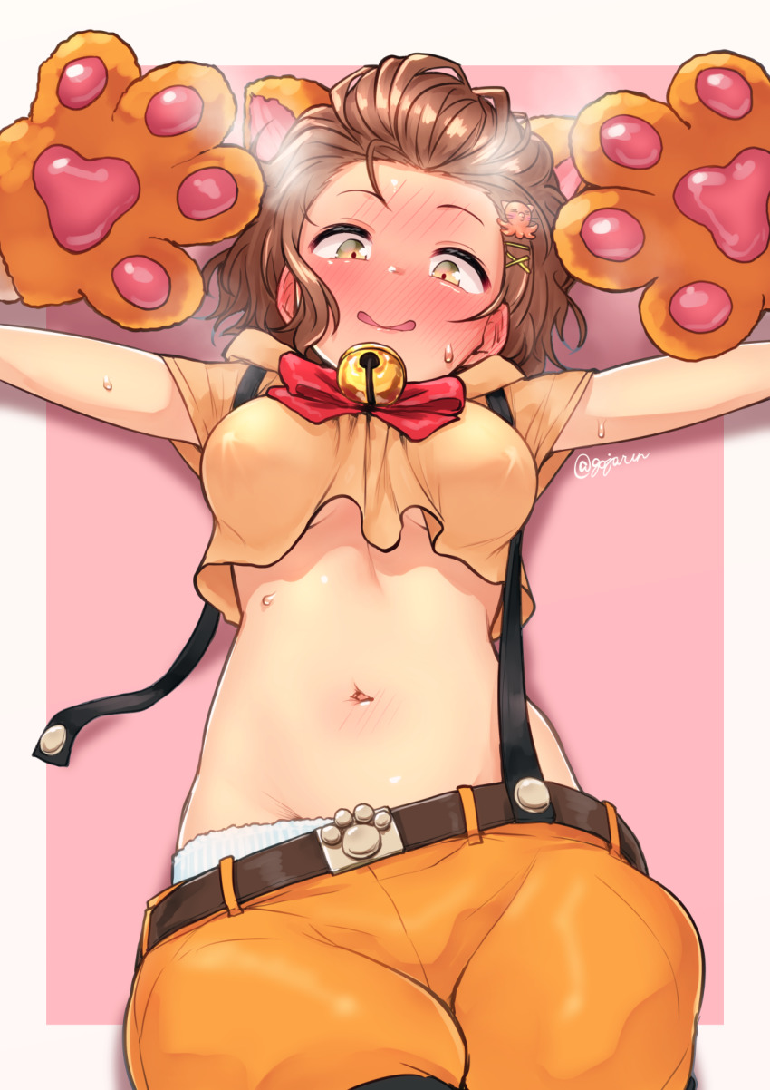 1girl animal_hands bell blush breasts brown_eyes brown_hair commentary_request gloves gojarun hair_ornament highres idolmaster idolmaster_cinderella_girls jingle_bell looking_at_viewer medium_breasts midriff namba_emi navel paw_gloves pink_background short_hair simple_background solo twitter_username two-tone_background white_background x_hair_ornament