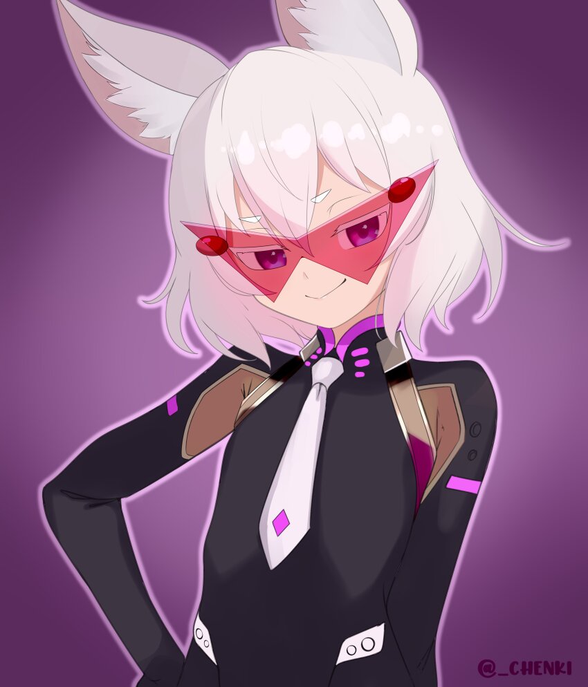 1girl absurdres animal_ears chenki_(chenki) closed_mouth fox_ears fox_girl highres looking_at_viewer necktie phase_connect purple_eyes short_hair smile solo tenma_maemi thick_eyebrows thick_eyelashes virtual_youtuber white_hair white_necktie