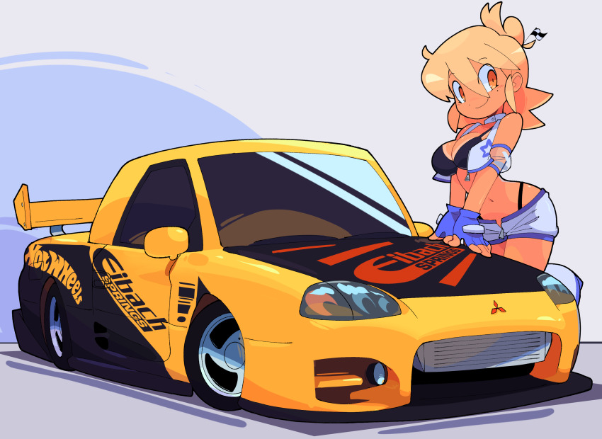 1girl absurdres bacun bare_shoulders bikini bikini_under_clothes bikini_under_shorts black_bikini blonde_hair blue_gloves boots breasts car commentary dark-skinned_female dark_skin detached_sleeves eibach english_commentary fingerless_gloves flag_hair_ornament gloves hair_bun highleg highleg_bikini highres hot_wheels large_breasts looking_at_viewer medium_breasts medium_hair mitsubishi_motors mole mole_under_eye motor_vehicle navel original shorts smile solo spoiler_(automobile) star_(symbol) star_print swimsuit tan tanline vehicle_focus vest y2k_fashion